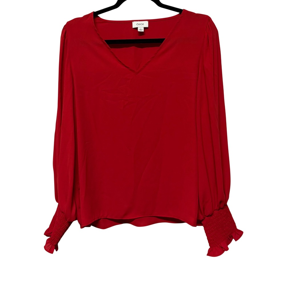 CeCe Red V-Neck Long Sleeve Blouse with Smocked Ruffle Cuffs Size M Fall Wintr